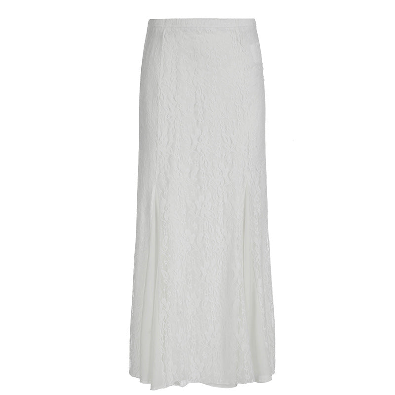 Milky White Slimming Mesh Fishtail Skirt With Lace Detail For Women