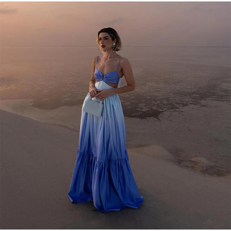 Chic Gradient Blue Sleeveless Dress With Wide Waist