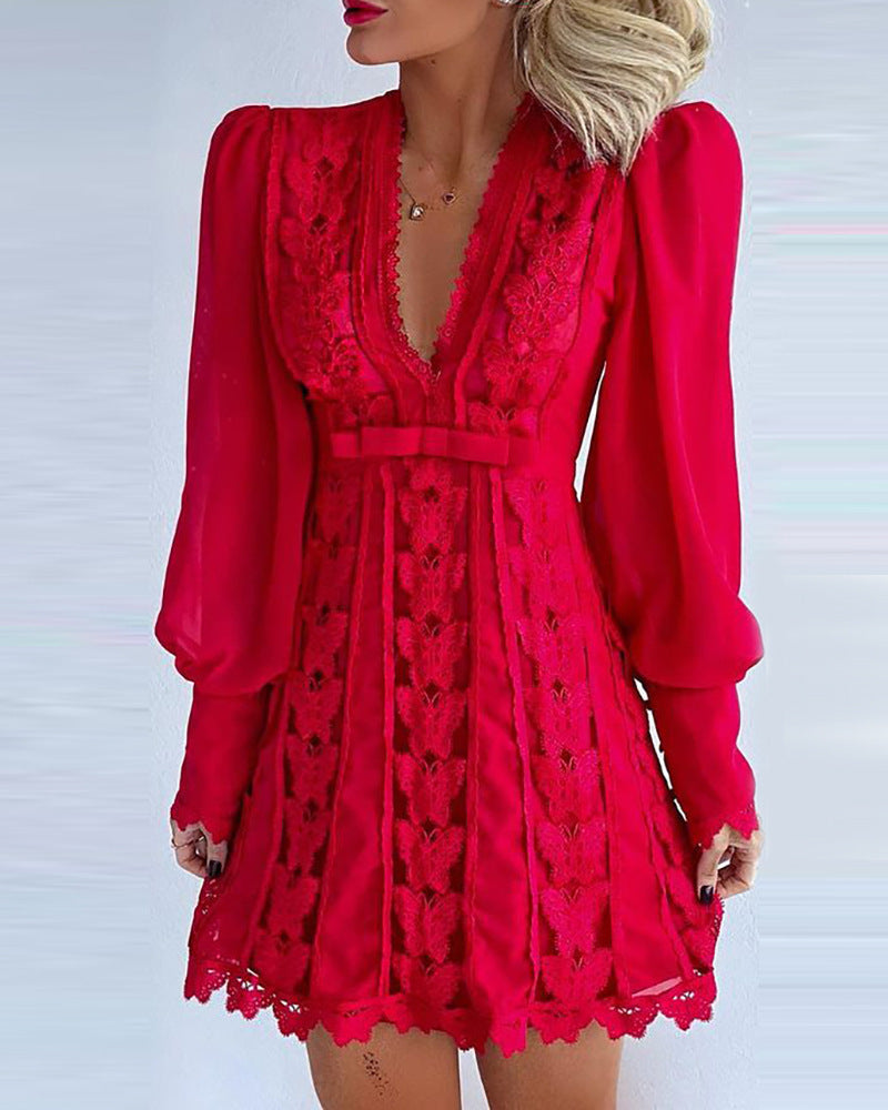 White V-Neck Lace Mini Dress with Long Puff Sleeves