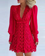 White V-Neck Lace Mini Dress with Long Puff Sleeves