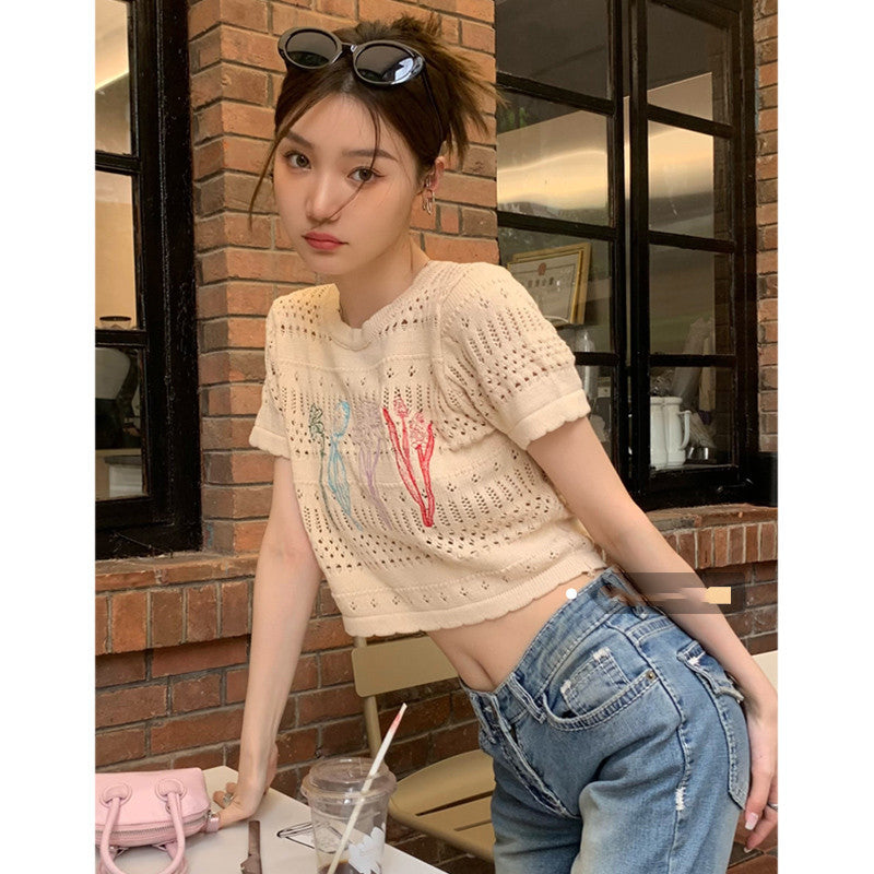Apricot Cropped Knit Tee Short Sleeve