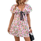 Pink Printed Dress For Women With Lace Up Detail High Waist Mini Ruffle Sleeves