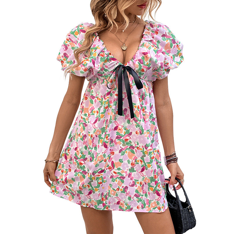 Pink Printed Dress For Women With Lace Up Detail High Waist Mini Ruffle Sleeves