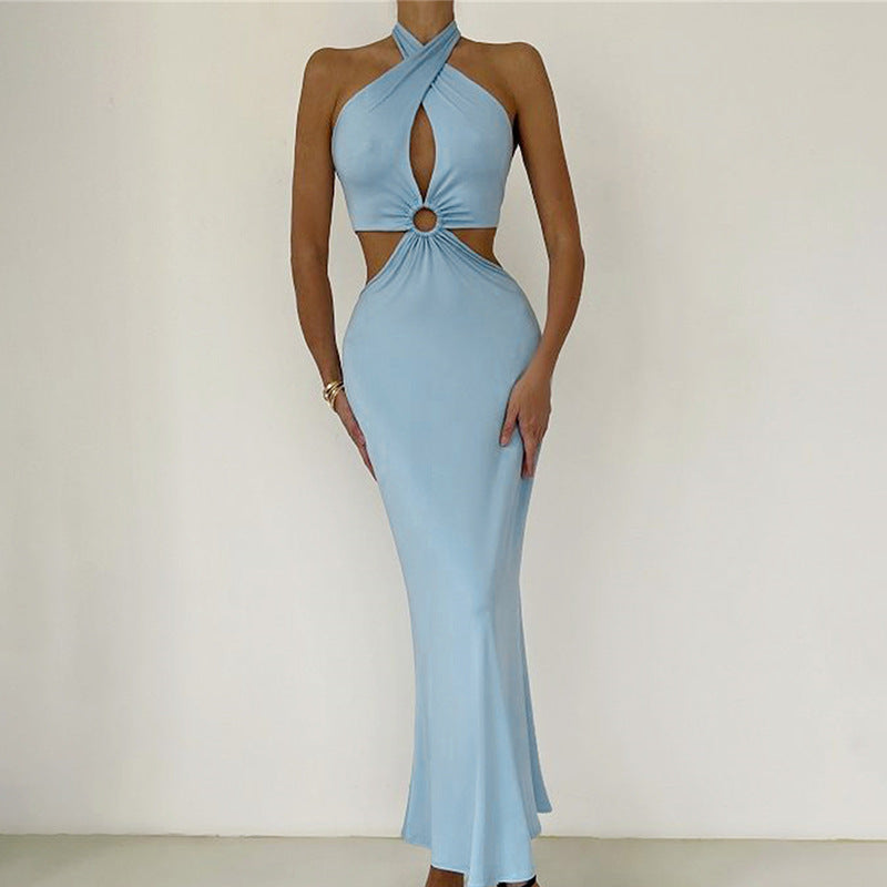 Chic Backless Patchwork Maxi Dress With Neck Straps