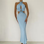 Chic Backless Patchwork Maxi Dress With Neck Straps