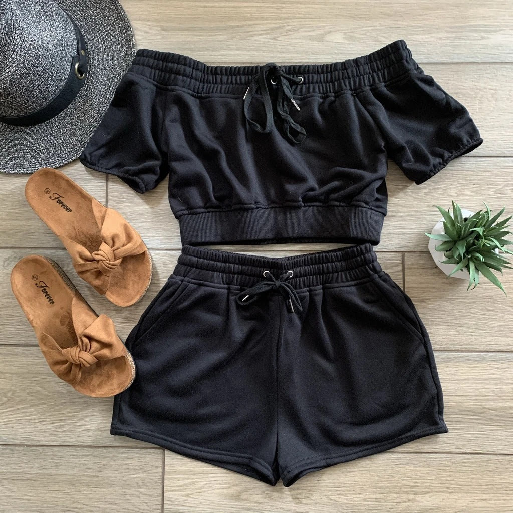 Neck Tie Top With Shorts Two Piece Set