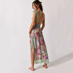 Women's V-Neck Lace Floral Print Midi Dress