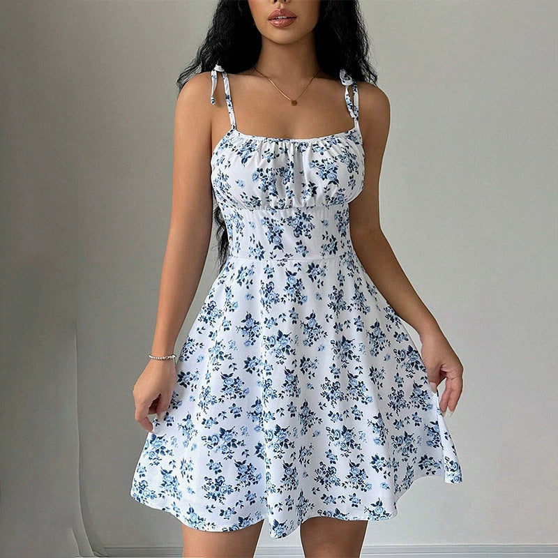 Floral Print Dress Summer Sweet A- Line Waist Trimming Dresses