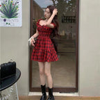 French Red Plaid Dress