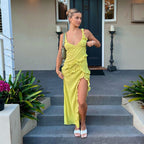 Pleated Fluttering Straps V-Neck Irregular Dress