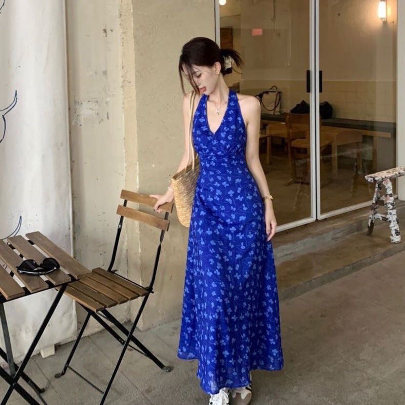 French Blue Floral Strap A Line Sundress