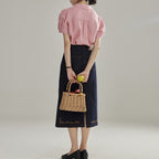 Vintage Puff Short Sleeve White Shirt Top With Lapel Collar Contrasting Stitching And Retro Charm