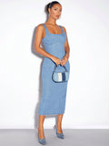 Light Blue Summer Suspender Dress With Elastic Waist For Easy Chic Everyday Wear