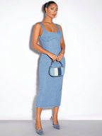 Light Blue Summer Suspender Dress With Elastic Waist For Easy Chic Everyday Wear