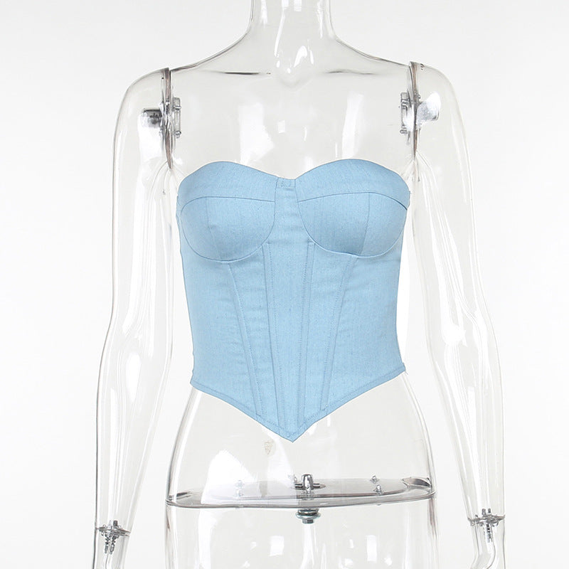 Denim Tube Vest Top With Back Tie Cropped Corset Tank