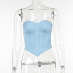 Denim Tube Vest Top With Back Tie Cropped Corset Tank