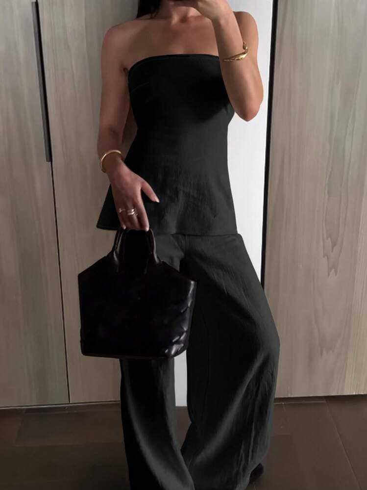 Two Piece Tube Top And Tailored Pants Set In Solid Polyester With Elevating Silhouette