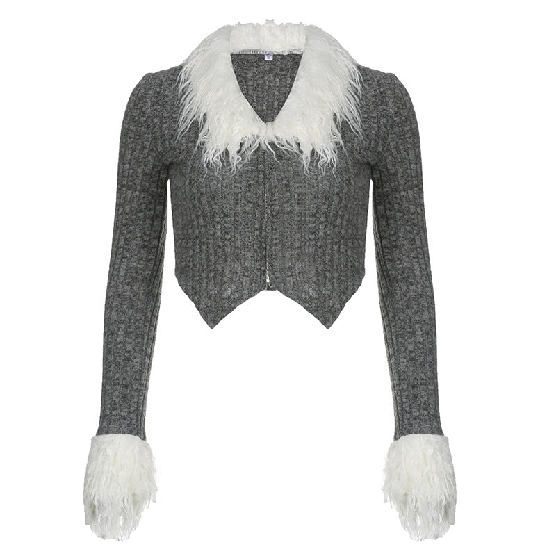 Chic Cropped Zipper Long Sleeve Top In Grey With Sculpted Slim Fit