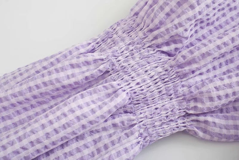 Purple Plaid V Neck Short Sleeve Top