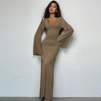 Women's U-Neck Lace-Up Back Princess Dress with Bell Sleeves