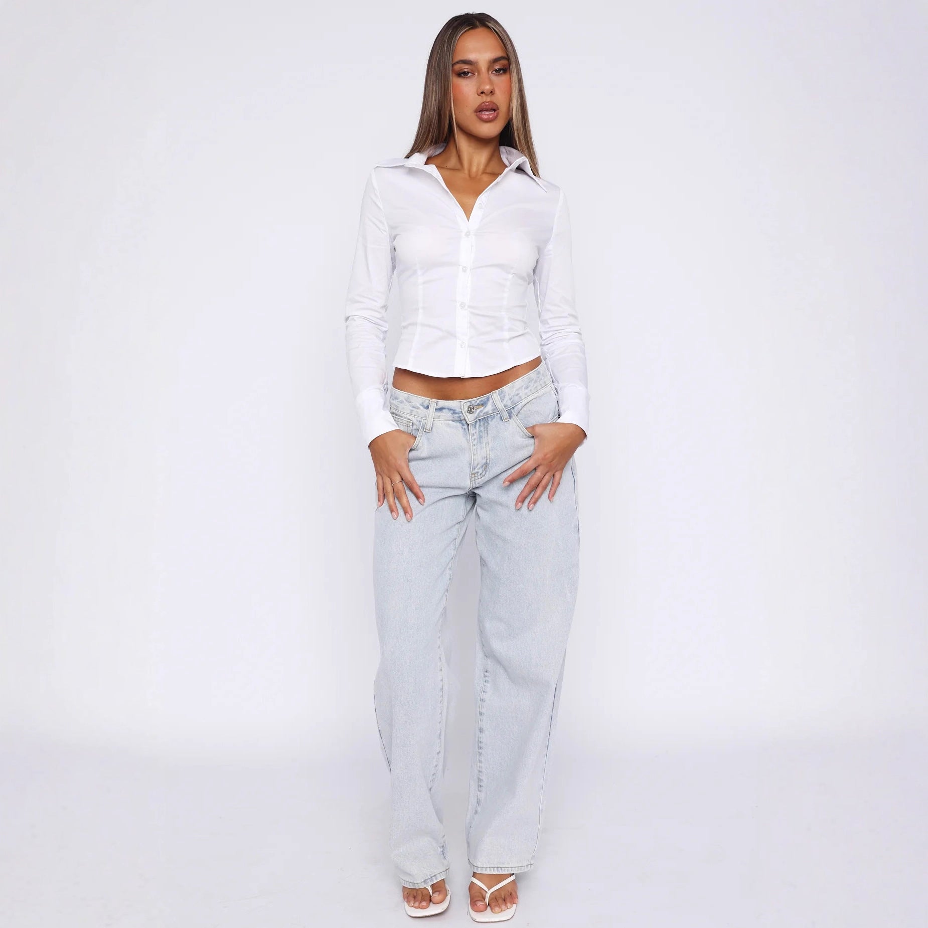 Chic White Cardigan With Slim Fit And Three Quarter Sleeves Cotton Blend