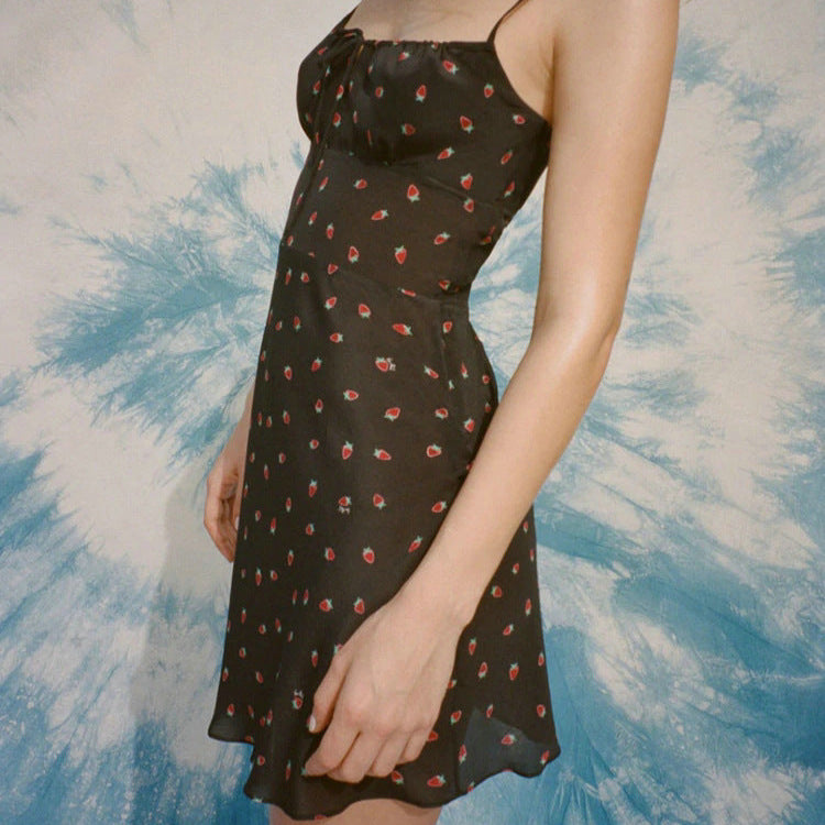 Floral Print Short Sling Dress With A-Line Skirt Zipper Detail