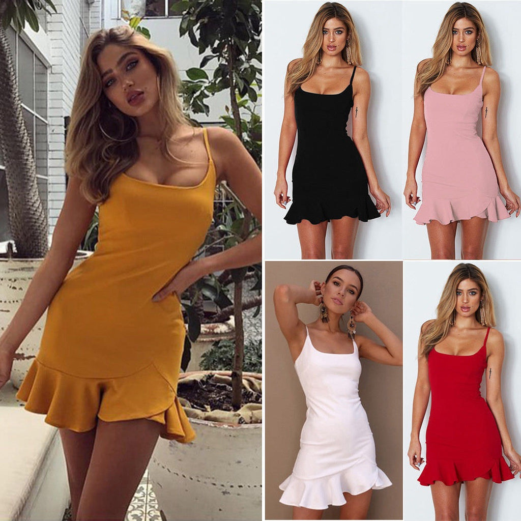 Women's Ruffles Trumpet Mini Dress Sleeveless Spaghetti Strap