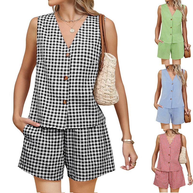 Striped Plaid Polyester Set Sleeveless
