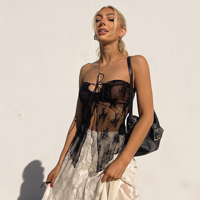 Sheer Knitted Tube Top With Lace And Hollowout Details