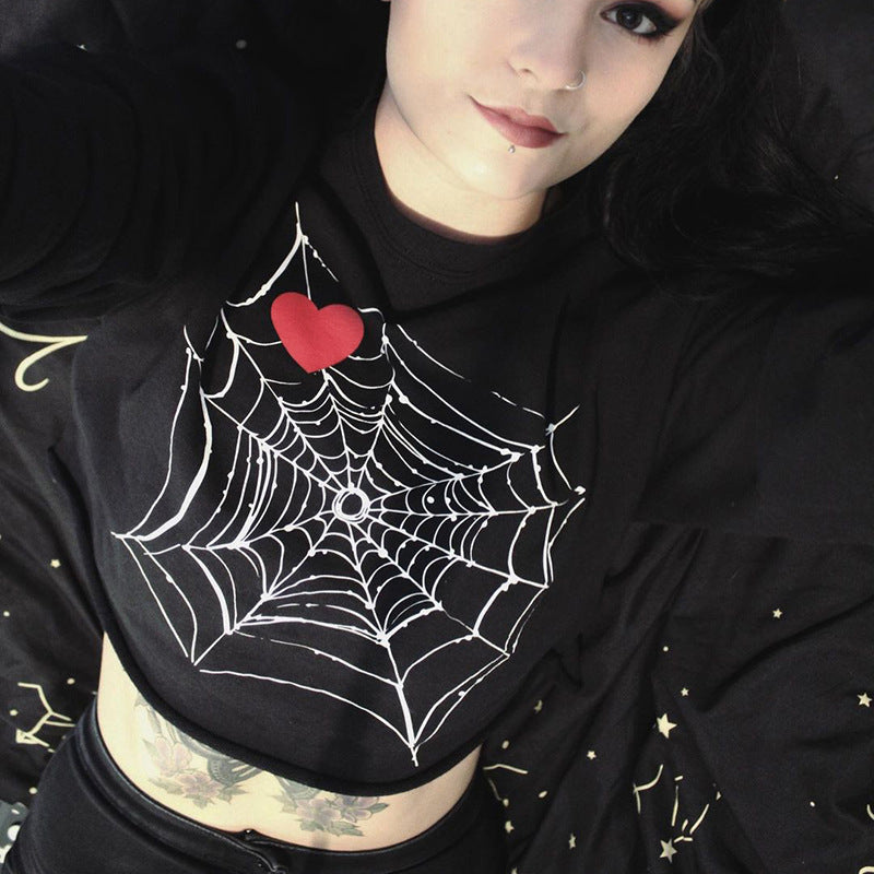 Black Cotton Top With Spider Web Heart Print For Edgy Streetwear Lovers
