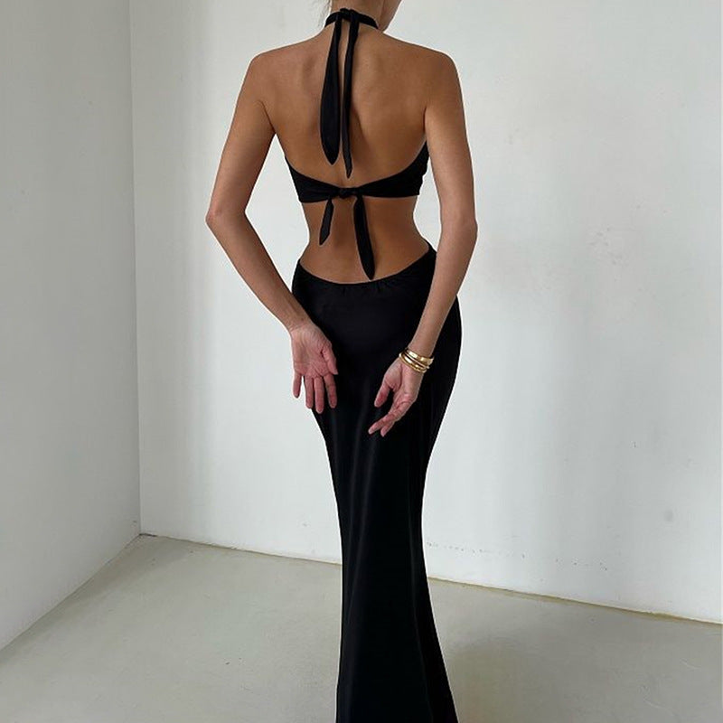 Chic Backless Patchwork Maxi Dress With Neck Straps