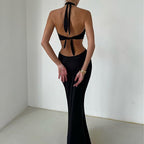 Chic Backless Patchwork Maxi Dress With Neck Straps