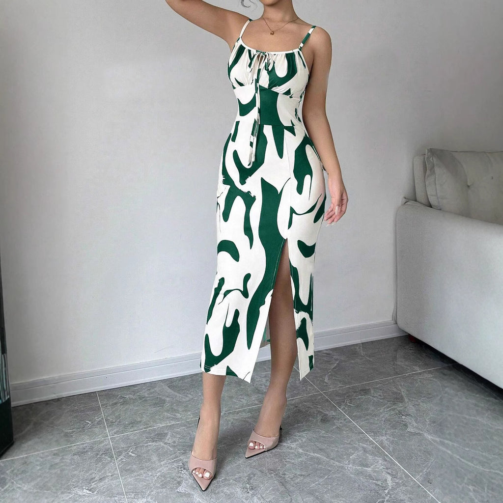 Summer Printed Mid-Length Split Dress High Waist Slim Fit