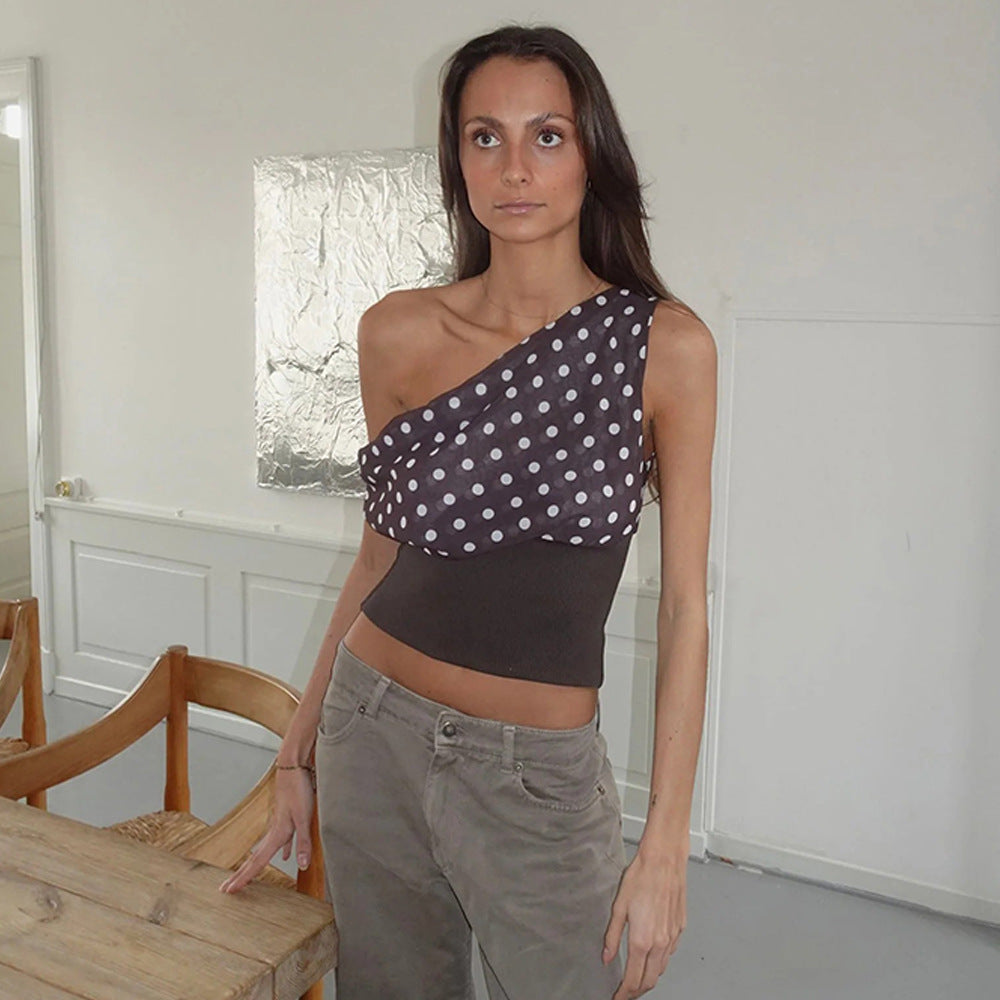 Polka Dot Chiffon Patchwork Crop Top With Oblique Shoulder Backless