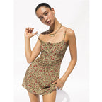 Floral Print Short Sling Dress With A-Line Skirt Zipper Detail