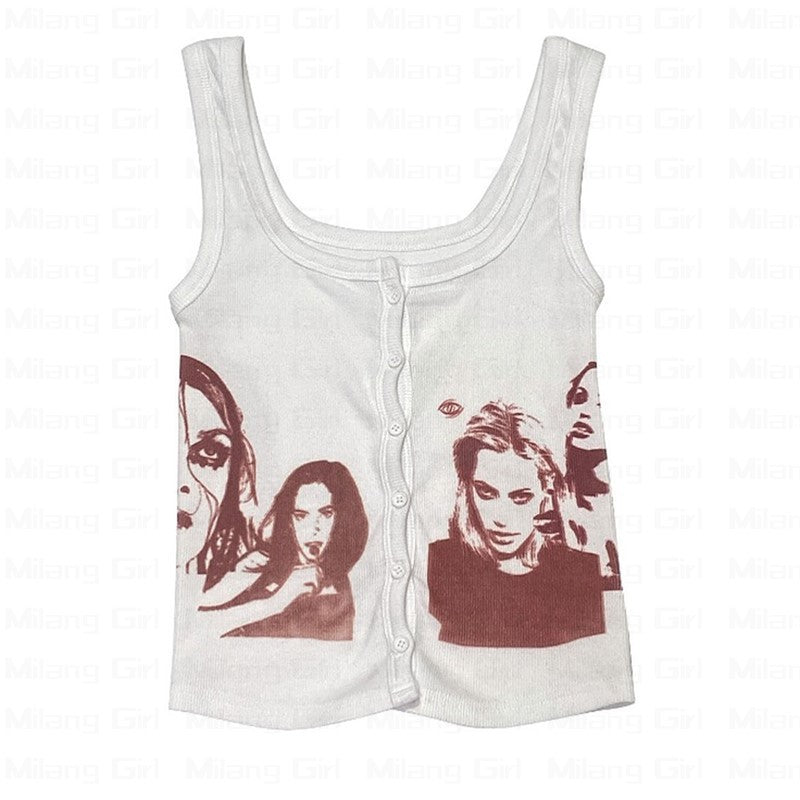 Graphic Print Sleeveless Top In White