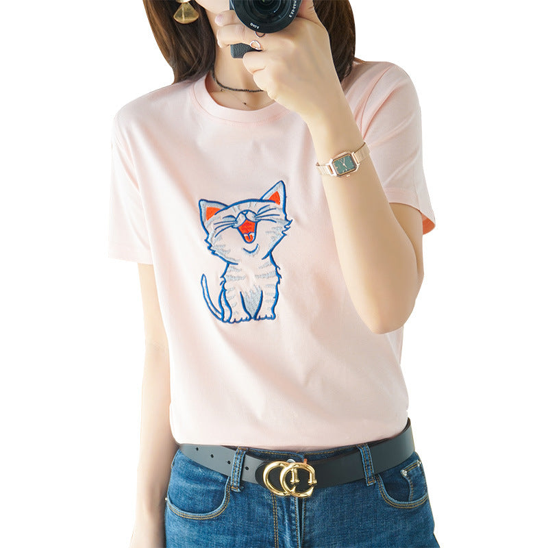 Cozy Cotton Animal Print Short Sleeve Top Lightweight Knitted