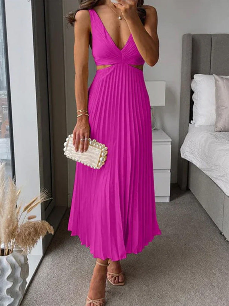 Women's V-Neck Backless Pleated Long Dress - Hollow Waist Design