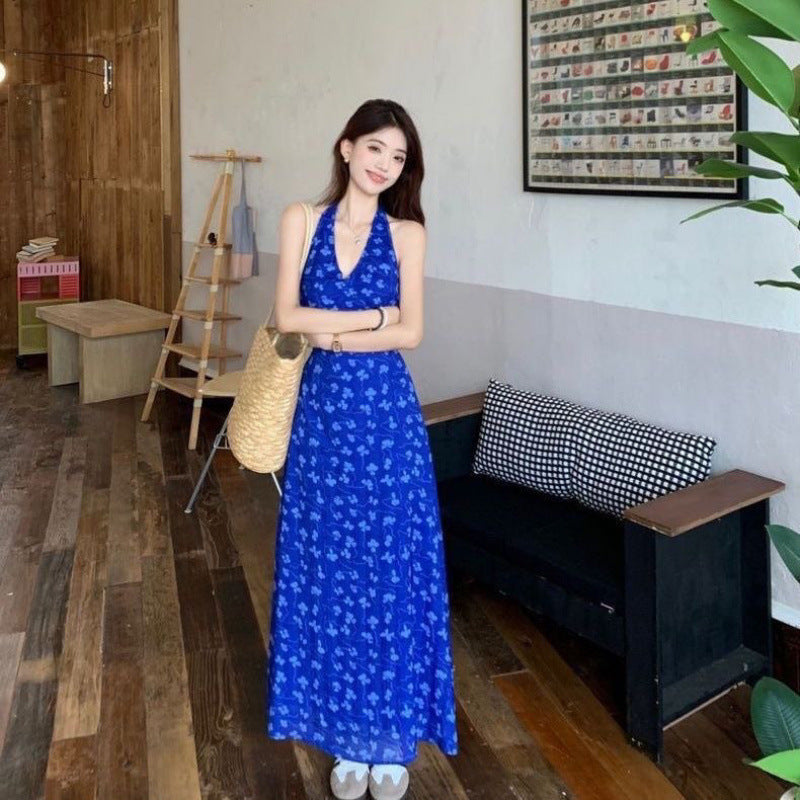 French Blue Floral Strap A Line Sundress