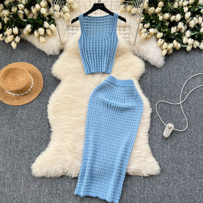 Elegant Chenille Knitted Top And Skirt Set Soft Textures