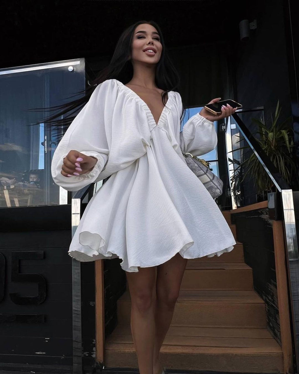 V Neck Lantern Sleeve Dress With Pleated Skirt