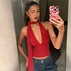Chic Deep V Neck Halter Top For Summer Sleeveless Slim Fit
