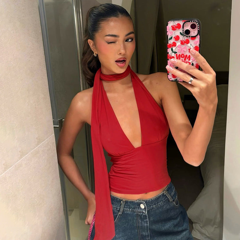 Chic Deep V Neck Halter Top For Summer Sleeveless Slim Fit