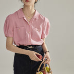 Vintage Puff Short Sleeve White Shirt Top With Lapel Collar Contrasting Stitching And Retro Charm
