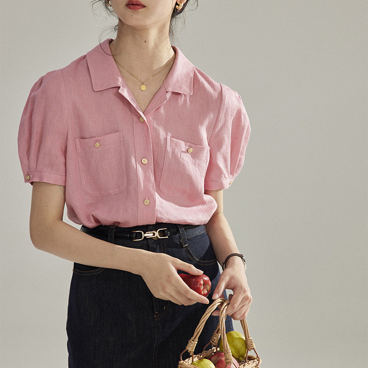 Vintage Puff Short Sleeve White Shirt Top With Lapel Collar Contrasting Stitching And Retro Charm