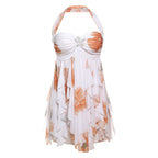 Floral Mesh Halter Dress With Backless Silhouette Irregular Print For Bold Night Out