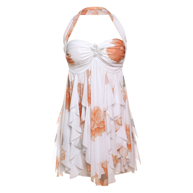 Floral Mesh Halter Dress With Backless Silhouette Irregular Print For Bold Night Out