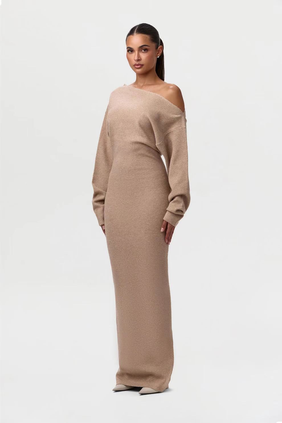 Slim Off-Shoulder Knitted Bodycon Long Sleeve Maxi Dress