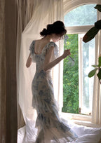 Floral Ruffle Dress With High Waist And Fishtail Skirt In Beige Blue Flower Print
