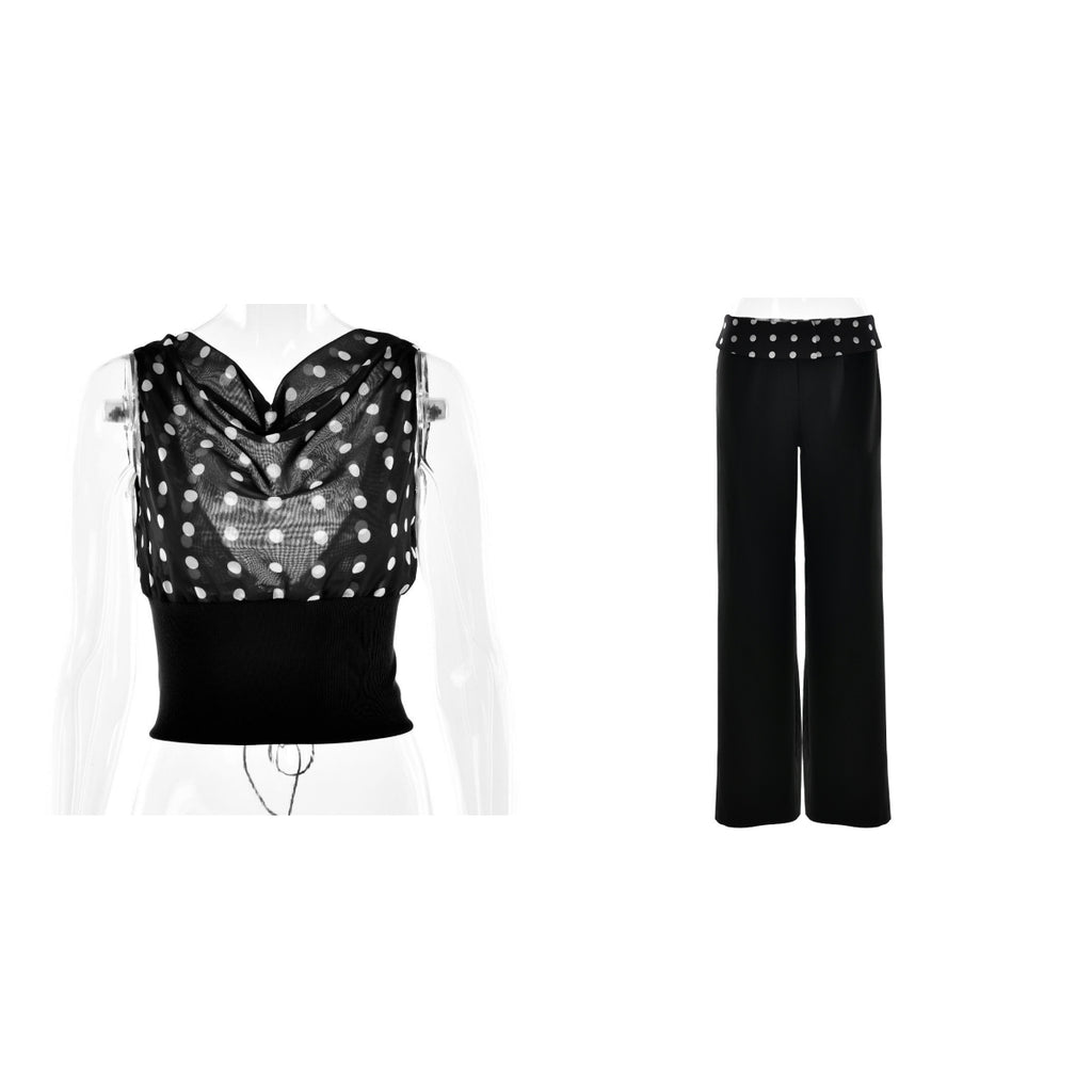 Polka Dot Chiffon Patchwork Crop Top With Bottom Set
